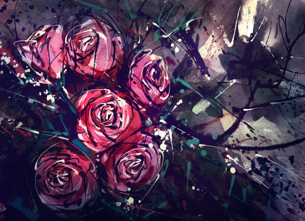 Aquarelle et nosegay numérique. Fleur roses rouges — Photo