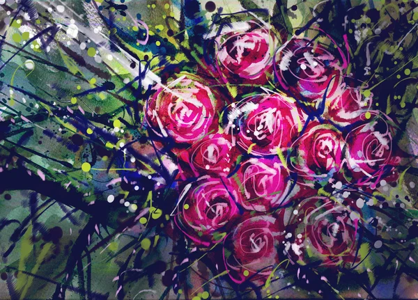 Akvarell és digitális nosegay. Virág vörös rózsa — Stock Fotó
