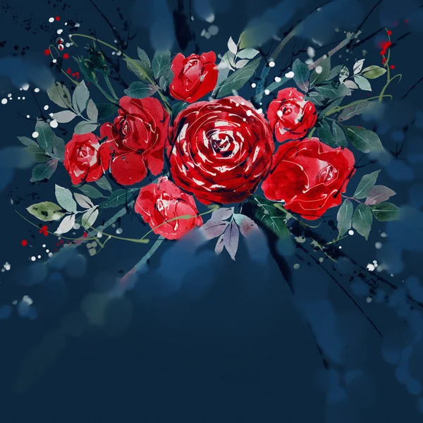 Pintura aquarela e nosegay digital. Flor rosas vermelhas — Fotografia de Stock