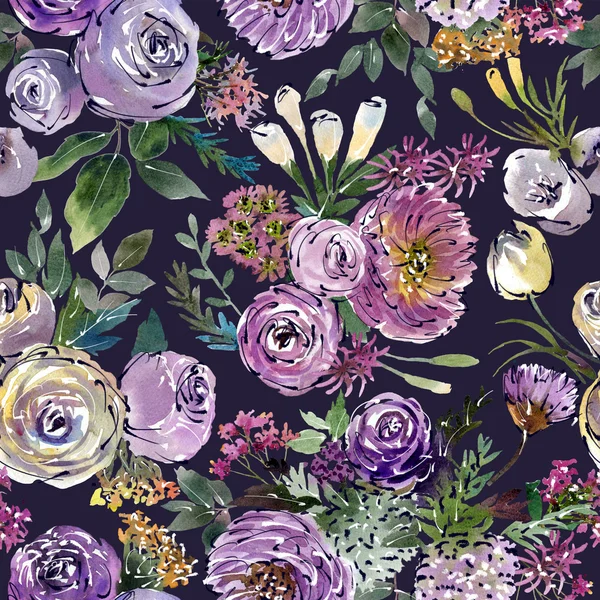 Akvarellmålning blommor mönster — Stockfoto