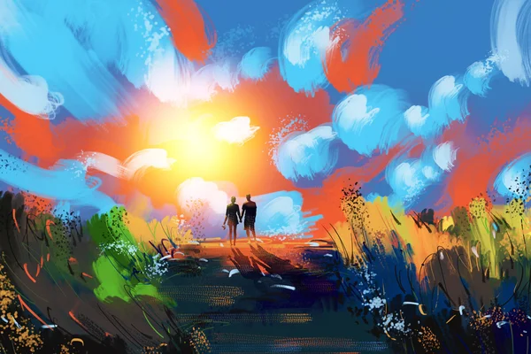 デジタル絵画のカップルは、夕日を見て立っていた — ストック写真