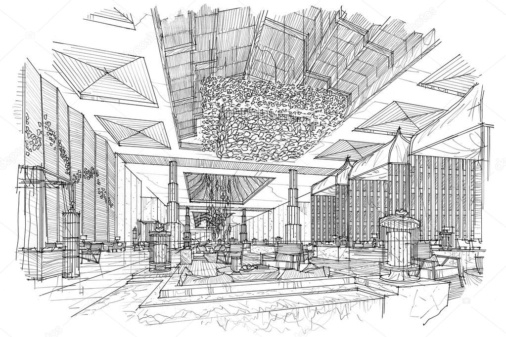 Reception Lobby Interior Graphic Black White Sketch Illustration Vector  Stock Illustration - Download Image Now - iStock