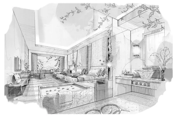 Sketsa perspektif interior — Stok Foto