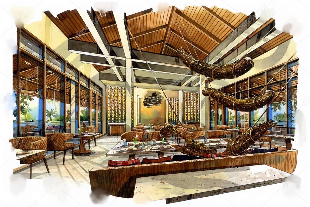 Sketch interior perspective. Painting watercolor \u2014 Stock