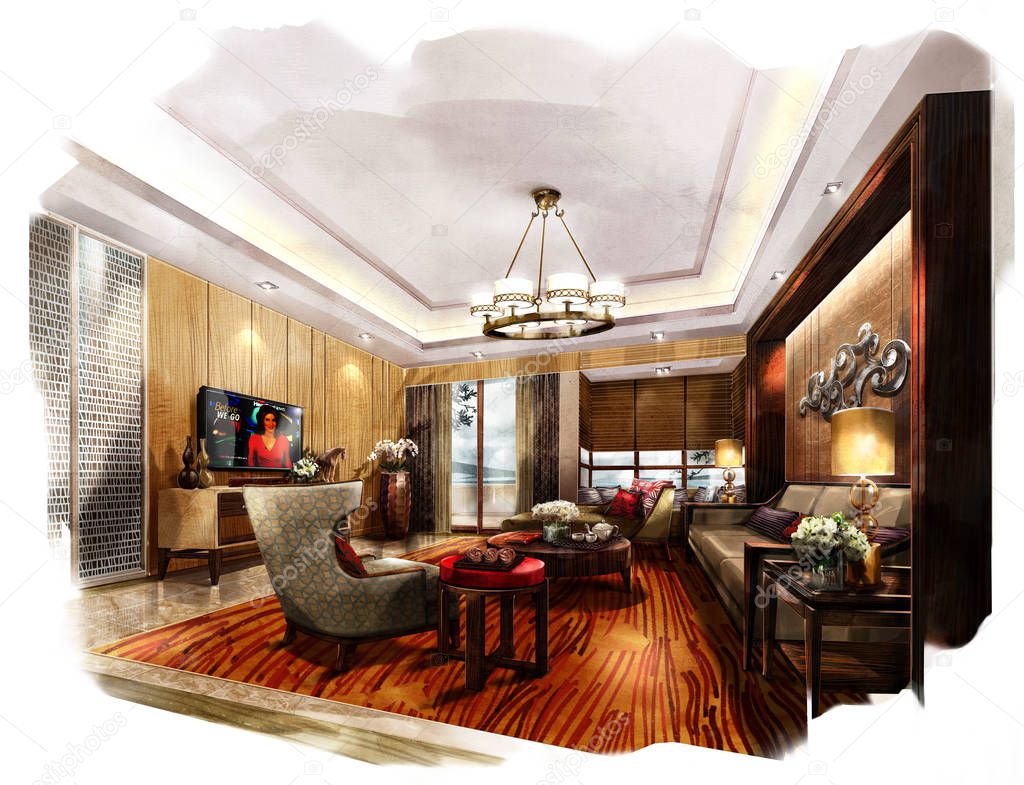 Sketch interior perspective. Painting watercolor \u2014 Stock