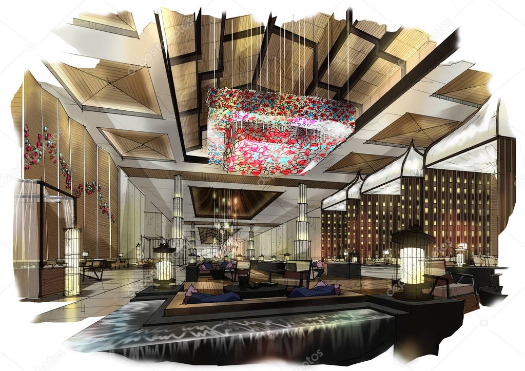 Sketch interior perspective. Painting watercolor \u2014 Stock