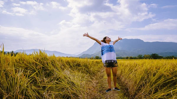 아시아 여성들은 국경일에 황금빛논 을 여행 한다. 아름다운 자연을 즐기며 행복해 하고 있습니다. 시골, 푸른 논밭, 태국 여행. — 스톡 사진