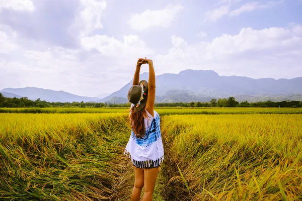Asiatische Frauen fahren im Urlaub auf Reisfeldern goldgelb über die Berge. glücklich und genießen eine schöne Natur. Reisen auf dem Land, grüne Reisfelder, Reisen nach Thailand. — Stockfoto