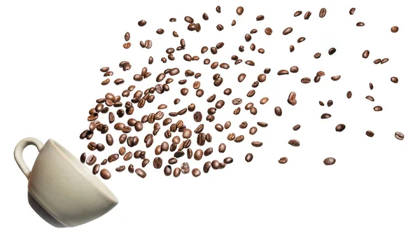 Kahve Fincanları Kavrulmuş Kahve Çekirdekleri Beyaz Arka Planda Izole Edilmiş — Stok fotoğraf