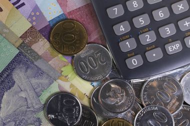 Görünümü top / para harcama ve ödeme hesaplama resimli paralar, banknot ve hesap makinesi ile yat