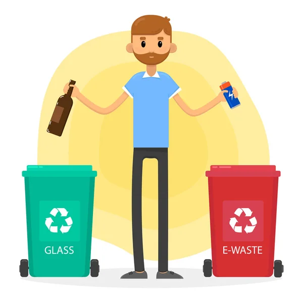 Homem Classifica Lixo Doméstico Triagem Lixo Coleta Vidro Coleta Lixo — Vetor de Stock