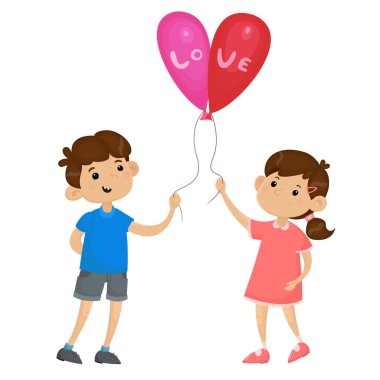 Erkek ve kız balon tutuyor, kalp balonlardan yapılmış.