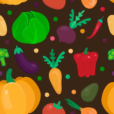 Şirin sebzeler kahverengi arka planda düz ve pürüzsüz desen