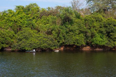 Mayem Gölü, Goa / Hindistan - 10 Mart 2020: Goa, Hindistan 'da Mayem Gölü' nde kürek çeken turistler. Goa 'da yapılacak işler