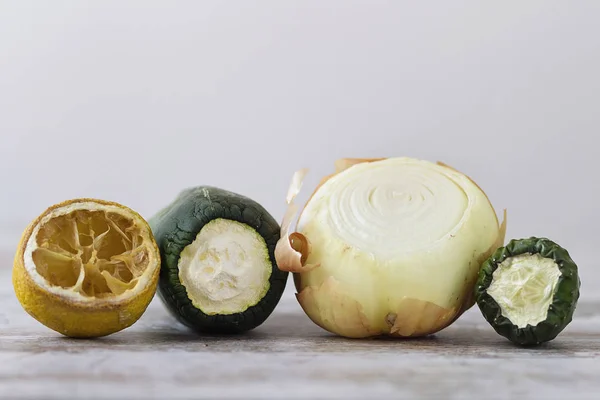 Expired Vegetables Wooden Table — Stock Photo, Image