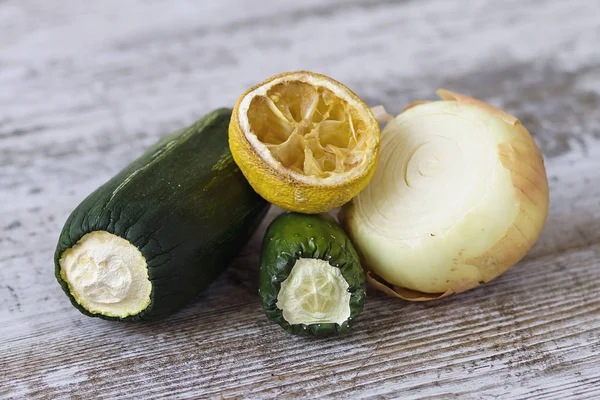 Expired Vegetables Wooden Table — Stock Photo, Image