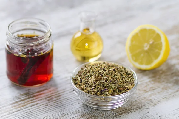 Natural herbs infusion tea with lemon and honey