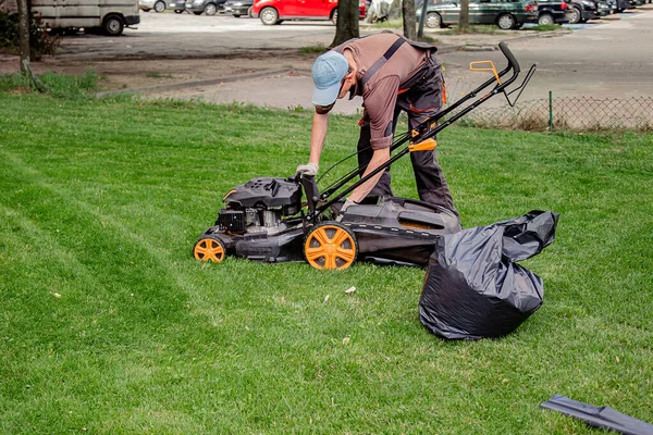 Mowing a household garden lawn with black bag of grass clippings. — Stock Photo, Image