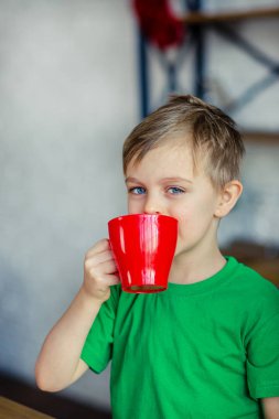 İyi sabahlar. Küçük bir çocuk mutfak masasında çay içiyor ve oyuncak geyiğe sarılıyor. Mucizelerin ve arzuların gerçekleştiği bir zaman..