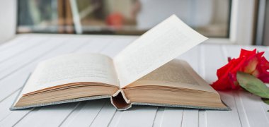 Beyaz ahşap arka plan üzerine açık kitap üzerinde kırmızı gül çiçeği, romantik ve aşk.