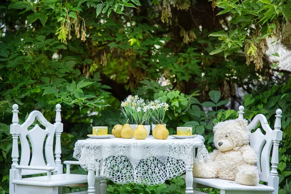 Zwei Holzstühle und ein Tisch im Hinterhof mit Blumen und Teezubehör. — Stockfoto
