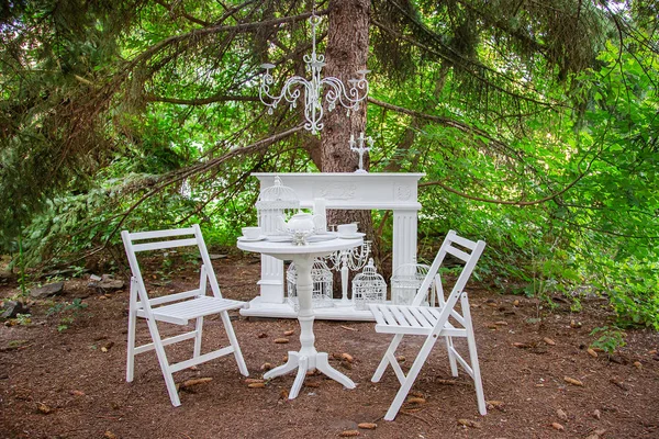 Zwei Holzstühle und ein Tisch im Hinterhof mit Blumen und Teezubehör. — Stockfoto