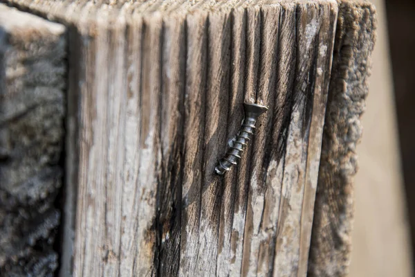 Gebogene Schraube in einem alten Holz — Stockfoto