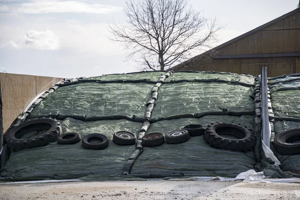 Feed on a farm covered with tarpaulin and tyre — Stock Photo, Image