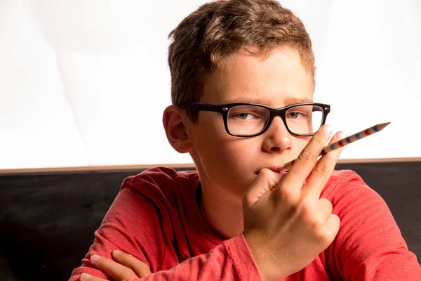 Child Chews His Pencil Home School — Stock Photo, Image