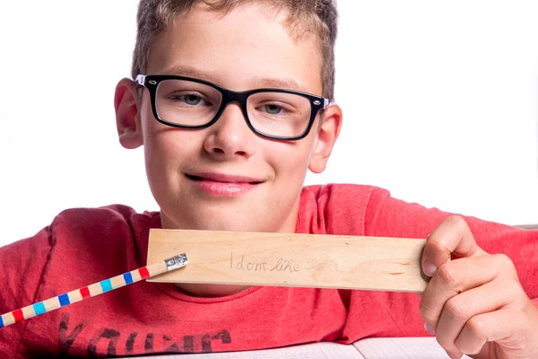 Boy Points Pen His Ruler Which — Stock Photo, Image