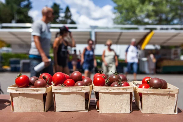 Pomodori ciliegia in vendita in piccoli cesti al mercato agricolo — Foto Stock
