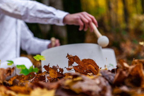 Young man plays his 2 crystal bowls in the forest - Low angle with dead leaves
