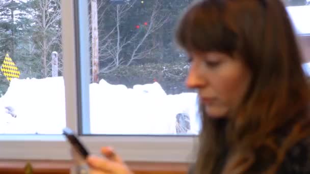 Chica usando el teléfono móvil en una sala de estar — Vídeos de Stock