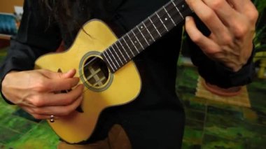 Genç adam küçük bir ukulele çalıyor.