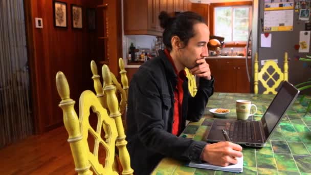 L'uomo al tavolo sta lavorando con il computer portatile — Video Stock