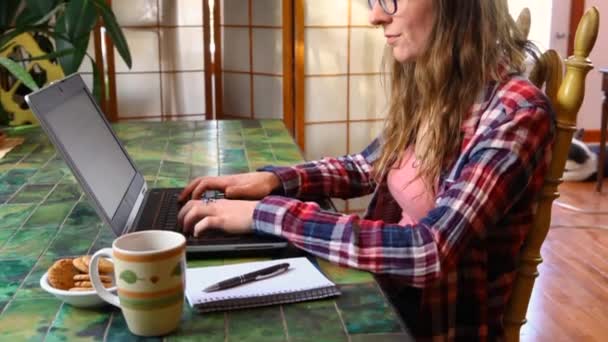 坐在桌旁使用笔记本电脑的妇女 — 图库视频影像