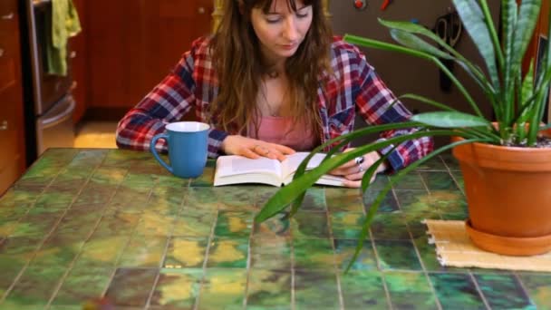 Femme lit un livre à la table — Video