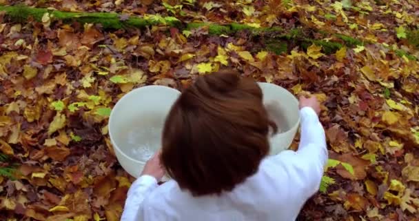 Young man plays crystal bowls in autumn — Stock Video