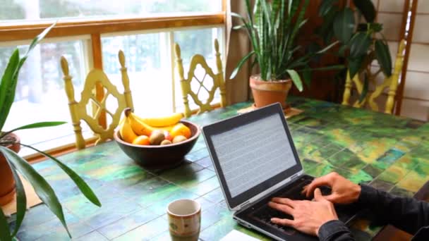 Man aan tafel werkt met laptop — Stockvideo