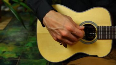 Genç adam küçük bir ukulele çalıyor.
