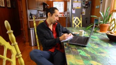 Masadaki adam dizüstü bilgisayarla çalışıyor.