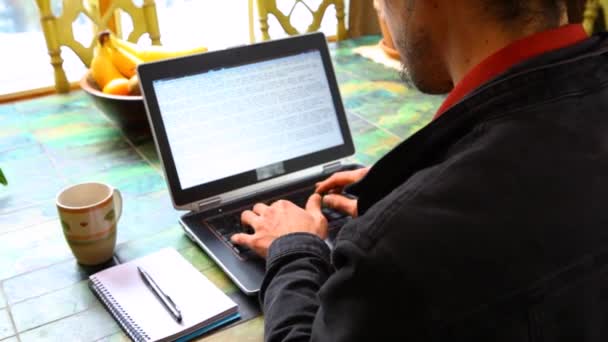 L'homme à la table travaille avec un ordinateur portable — Video