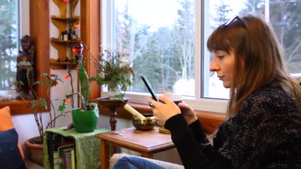 Girl using mobile phone in a living room — Stock Video