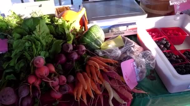 Groenten en fruit op boerenmarkt — Stockvideo