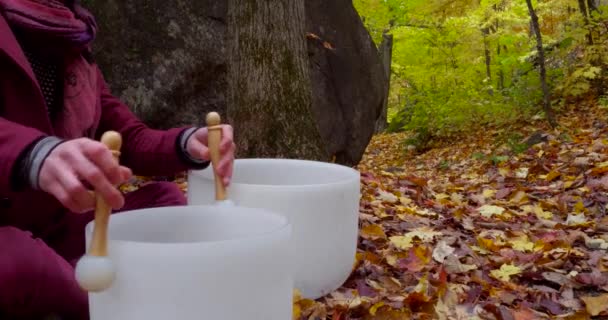 Young man plays crystal bowls in autumn — Stock Video