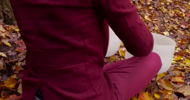 A fiatalember ősszel kristálytálakat játszik. — Stock videók