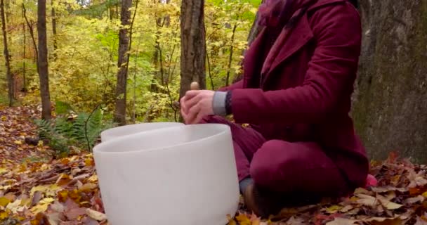 Jeune homme joue bols en cristal en automne — Video