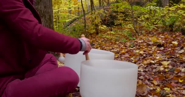 Giovane uomo gioca ciotole di cristallo in autunno — Video Stock