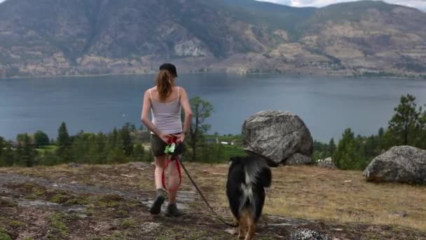 Mujer y perro caminando al lago de montaña — Vídeos de Stock