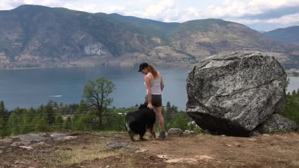 Kadın ve köpek göle ve dağlara bakar. — Stok video